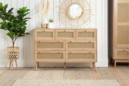 Birlea Brown Oak Chest Of 7 Drawers Rattan Mid Century Modern - thumbnail 1