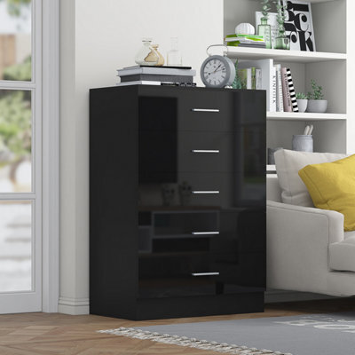 Reflect 5 Drawer Chest - Black Gloss & Black Oak - Modern Vertical Bedroom Storage Unit - H: 100Cm X W: 70Cm X D: 40Cm - image 1