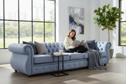 Chesterfield Handmade 5 Seater Shelly Iceblast Blue Leather Sofa In Kimberley Style - thumbnail 2