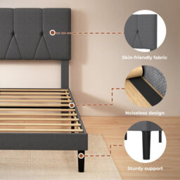 Levede Double Bed Frame Upholstered Linen Fabric Wooden Slats With Headboard - thumbnail 9