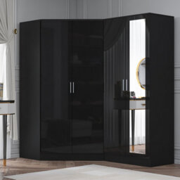 Reflect 2Pc Wardrobe Bundle - 2 Door Corner + 2 Door Mirror - Black Gloss & Black Oak - H: 180Cm X W: 179Cm X D: 103Cm - thumbnail 1
