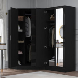 Reflect 2Pc Wardrobe Bundle - 2 Door Corner + 2 Door Mirror - Black Gloss & Black Oak - H: 180Cm X W: 179Cm X D: 103Cm - thumbnail 2