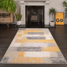 Loomed Yellow Ochre Grey Distressed Striped Block Living Room Rug 190X280Cm - thumbnail 1