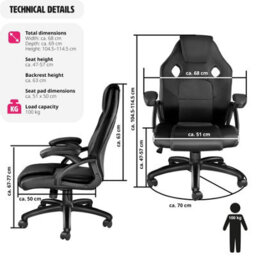 Tectake Gaming Chair Mike - Ergonomic Shape, Thick Padding, Stepless Height Adjustment - Black - thumbnail 6