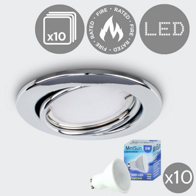 Valuelights Pack Of 10 Fire Rated Chrome Tiltable Gu10 Recessed Ceiling Downlights - Complete With 5W Led Bulbs 3000K Warm White - image 1