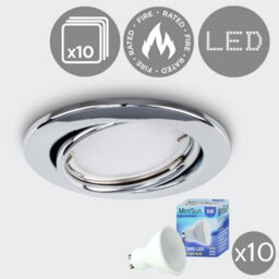 Valuelights Pack Of 10 Fire Rated Chrome Tiltable Gu10 Recessed Ceiling Downlights - Complete With 5W Led Bulbs 3000K Warm White - thumbnail 1