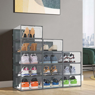 Living And Home 12 Pcs Grey Adjustable Stackable Plastic Shoe Storage Box Organiser 33Cm (W) X 23Cm (D) X 14Cm (H) - image 1