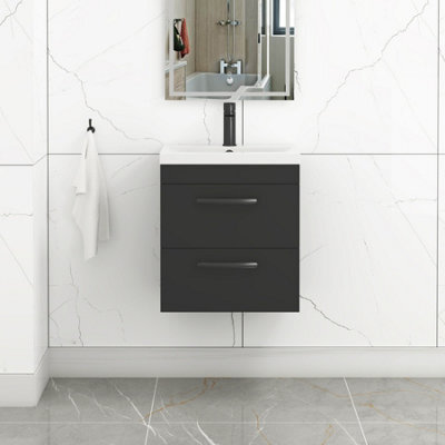Royal Bathrooms Turin 500mm Wall Hung Vanity Unit Matt Black 2 Drawer Mid-Edge Basin With Matt Black Handles - image 1