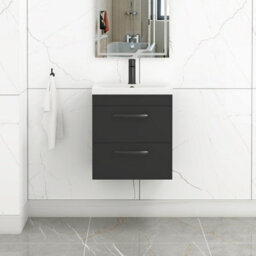 Royal Bathrooms Turin 500mm Wall Hung Vanity Unit Matt Black 2 Drawer Mid-Edge Basin With Matt Black Handles - thumbnail 1