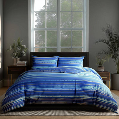 Duvet Cover And Pillowcase Set Stripe Design Polycotton Bed Linen Blue - image 1