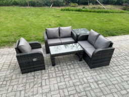 Fimous 5 Seater Garden Furniture Set Rattan Outdoor Lounge Sofa Table Chair With Tempered Glass Table Dark Grey Mixed - thumbnail 1