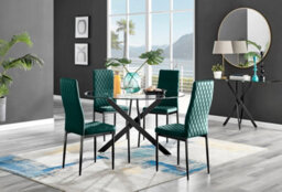 Furniturebox Uk Novara Black Leg 120Cm Round Glass Dining Table & 4 Green Velvet Milan Black Leg Chairs