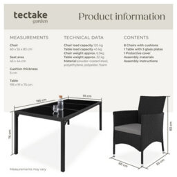 Tectake Garden Furniture Set Almansa - 8 Chairs, Dining Table, With Protective Cover - Black/grey - thumbnail 6