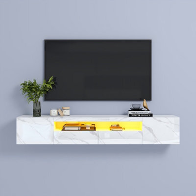 Keepreaper White Marble Finish Floating Tv Stand With Led Light And Storage Cabinet High Gloss Tv Unit For 55 To 80 Inch Tv - image 1