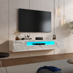 Keepreaper White Marble Finish Floating Tv Stand With Led Light And Storage Cabinet High Gloss Tv Unit For 55 To 80 Inch Tv - thumbnail 4