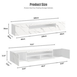 Keepreaper White Marble Finish Floating Tv Stand With Led Light And Storage Cabinet High Gloss Tv Unit For 55 To 80 Inch Tv - thumbnail 5
