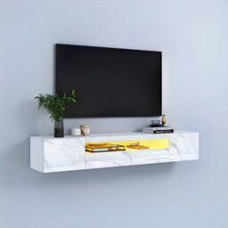 Keepreaper White Marble Finish Floating Tv Stand With Led Light And Storage Cabinet High Gloss Tv Unit For 55 To 80 Inch Tv - thumbnail 2