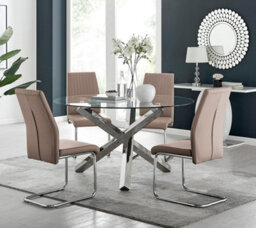 Furniturebox Uk Vogue Large Round Chrome Metal Clear Glass Dining Table And 4 Cappuccino Beige Lorenzo Dining Chairs Set
