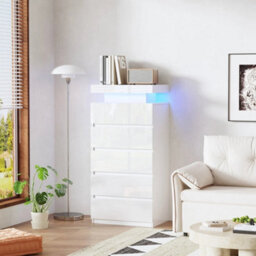 5 Drawer White High Gloss Bedside Table Cabinet Led Rgb Light Storage - thumbnail 1
