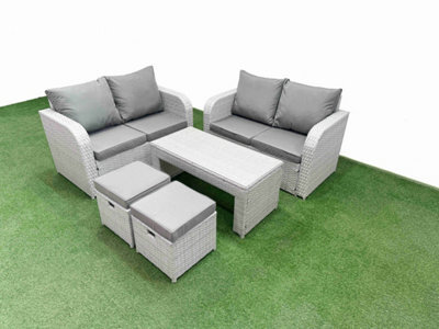 Fimous 6 Seater Outdoor Love Sofa Set Rattan Garden Furniture Set Oblong Coffee Table 2 Small Stools Light Grey - image 1