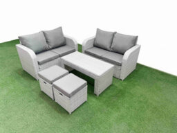 Fimous 6 Seater Outdoor Love Sofa Set Rattan Garden Furniture Set Oblong Coffee Table 2 Small Stools Light Grey - thumbnail 2