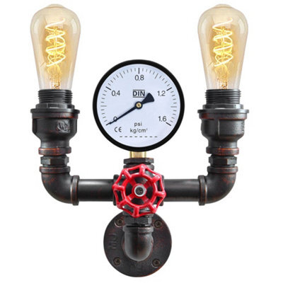 Long Life Lamps Company Twin Vintage Industrial Pipe Wall Light With Gauge Valve Tap M0190P - image 1