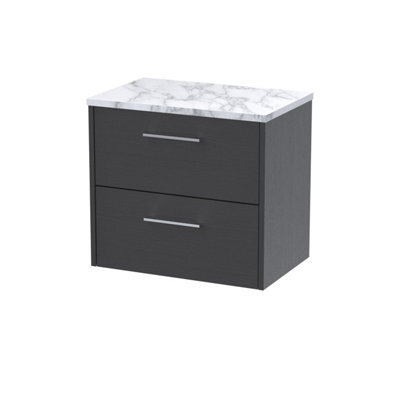 Hudson Reed Juno Wall Hung 2 Soft Close Drawer Vanity Unit With Laminate Worktop In Graphite Grey Woodgrain Finish, 605mm - image 1