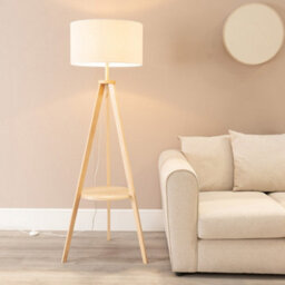 Valuelights Morrigan Natural Wood Shelf Tripod Floor Lamp With White Trim Shade - thumbnail 1