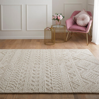 Handmade Modern Easy To Clean Beige Ivory Wool Geometric Living Room Bedroom Rug-200Cm X 285Cm - image 1