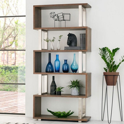 Xample Bentley Designs Tivoli Dark Oak Open Display Bookcase With 5 Shelves White Oak Veneer Brushed Satin Nickel Frame - image 1