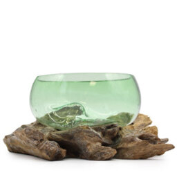 Large Wide Recycled Glass Bowl Wooden Base Statement Decoration
