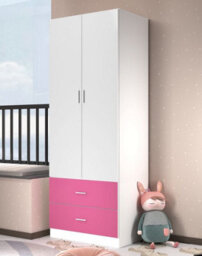Urbn-Living Urbnliving Height 180Cm Orlando White Wooden 2 Door Pink 2 Drawer Compact Kids Wardrobe Bedroom Storage Hanging Bar