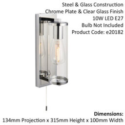 Chrome Bathroom Wall Light & Cylinder Glass Shade - Ip44 Rated - Modern Sconce - thumbnail 2