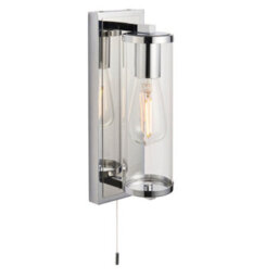 Chrome Bathroom Wall Light & Cylinder Glass Shade - Ip44 Rated - Modern Sconce