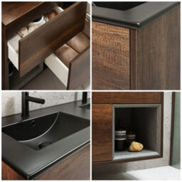 Homestylestore Dark Oak 1212mm Wall Hung Bathroom Vanity Unit Open Shelf And Graphite Basin - thumbnail 2