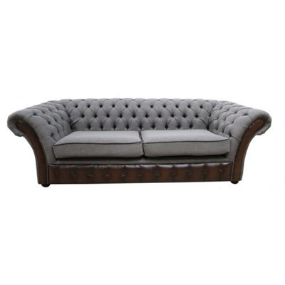 Chesterfield 3 Seater Antique Brown Real Leather Bacio Pewter Fabric Sofa In Jepson Style - image 1