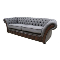 Chesterfield 3 Seater Antique Brown Real Leather Bacio Pewter Fabric Sofa In Jepson Style - thumbnail 4