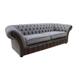 Chesterfield 3 Seater Antique Brown Real Leather Bacio Pewter Fabric Sofa In Jepson Style - thumbnail 3