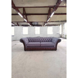 Chesterfield 3 Seater Antique Brown Real Leather Bacio Pewter Fabric Sofa In Jepson Style - thumbnail 2
