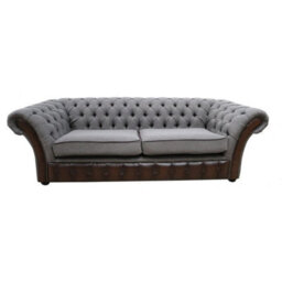 Chesterfield 3 Seater Antique Brown Real Leather Bacio Pewter Fabric Sofa In Jepson Style - thumbnail 1