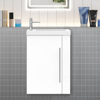 Sline 440mm Wall-Hung Matte White Bathroom Vanity Unit With Integrated Sink, 1 Door Soft-Close Standing Design Flat Packed - image 1