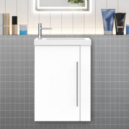 Sline 440mm Wall-Hung Matte White Bathroom Vanity Unit With Integrated Sink, 1 Door Soft-Close Standing Design Flat Packed - thumbnail 1