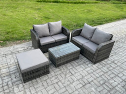 Fimous Outdoor Lounge Sofa Set Rattan Garden Furniture Set With Rectangular Coffee Table Big Footstool For Terrace - thumbnail 1