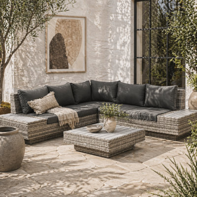 Wyld Haus Vaneno Light Grey 5-Seater Modular Rattan-Style Outdoor Corner Sofa And Coffee Table Set With Cushions - image 1
