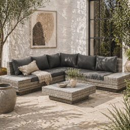 Wyld Haus Vaneno Light Grey 5-Seater Modular Rattan-Style Outdoor Corner Sofa And Coffee Table Set With Cushions