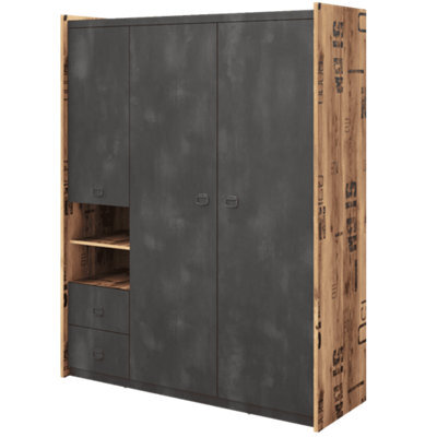 Arte Spacious Fargo Hinged Wardrobe With Drawers And Shelves In Raw Steel & Canyon Alpine Spruce (W1500mm X H1900mm X D520mm) - image 1