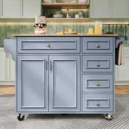 Btm Kitchen Island With Storage Removable Serving Trolley Multifunction Dining Table Vintage Style Blue - thumbnail 2