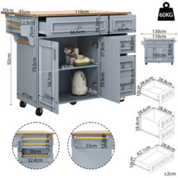 Btm Kitchen Island With Storage Removable Serving Trolley Multifunction Dining Table Vintage Style Blue - thumbnail 4
