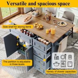 Btm Kitchen Island With Storage Removable Serving Trolley Multifunction Dining Table Vintage Style Blue - thumbnail 5