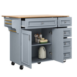 Btm Kitchen Island With Storage Removable Serving Trolley Multifunction Dining Table Vintage Style Blue - thumbnail 8